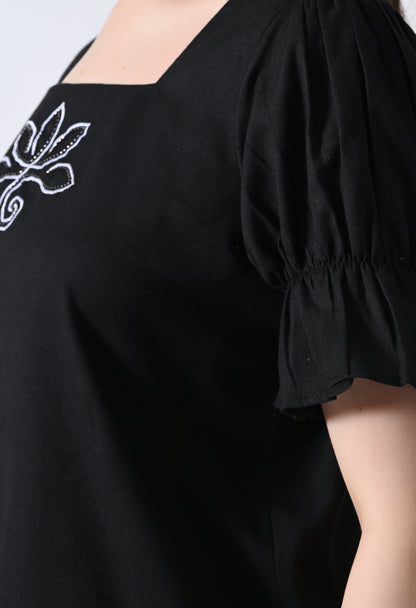 Black Embroidered Bell Sleeve Top for Women