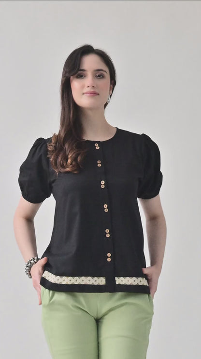 Black Solid Shirt Style Top for Women