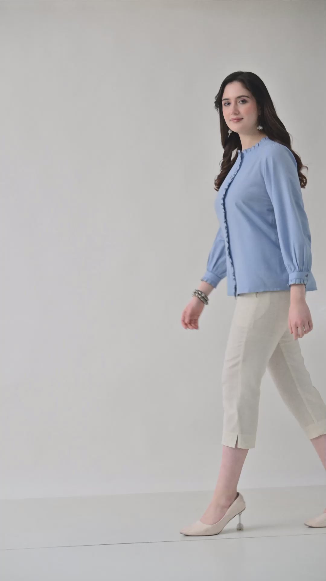 Light Blue Embroidered Shirt Style Top for Women