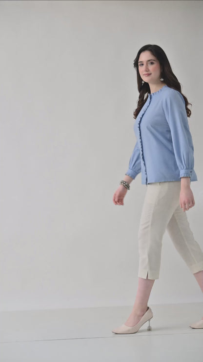 Light Blue Embroidered Shirt Style Top for Women