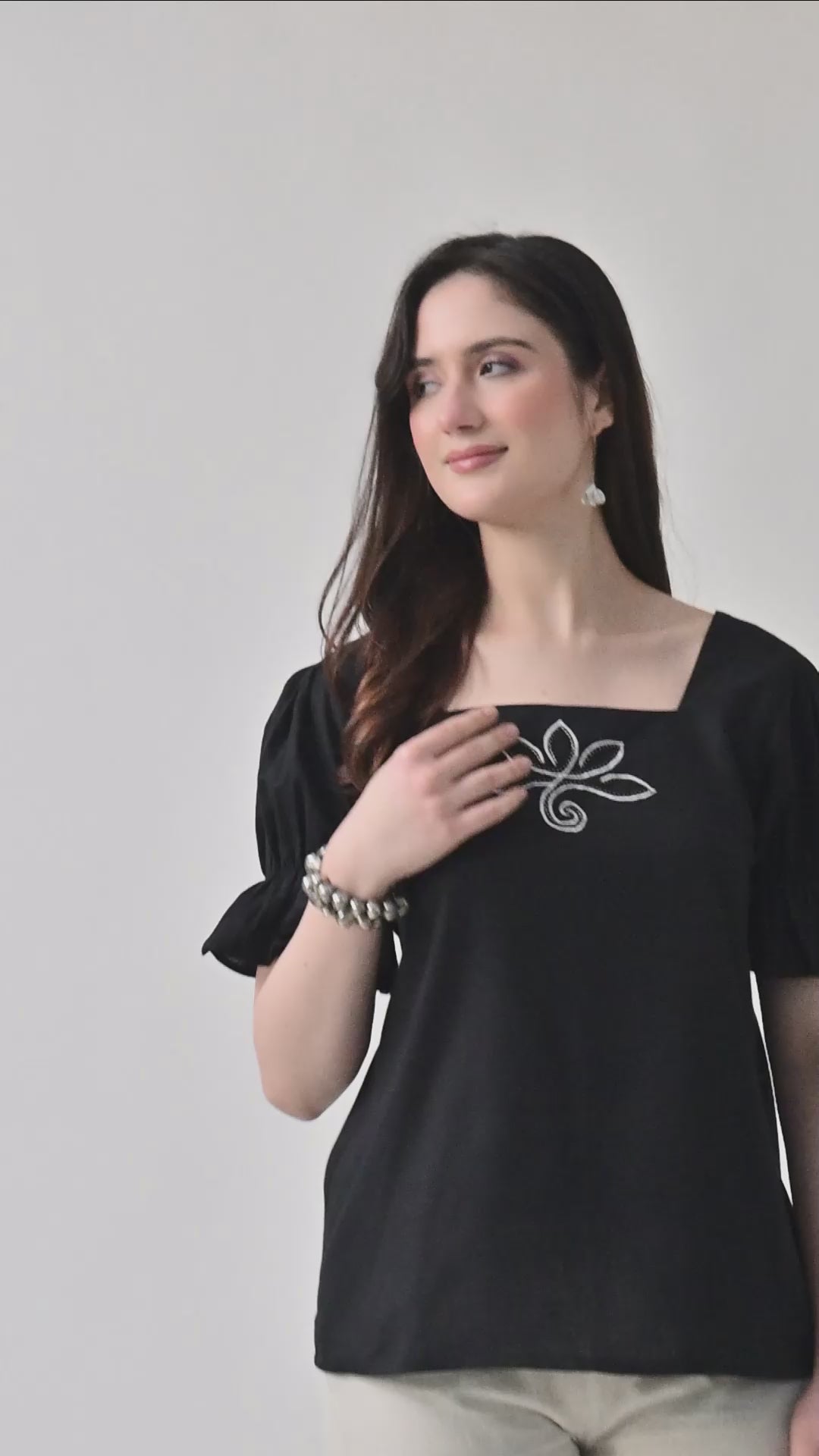 Black Embroidered Bell Sleeve Top for Women