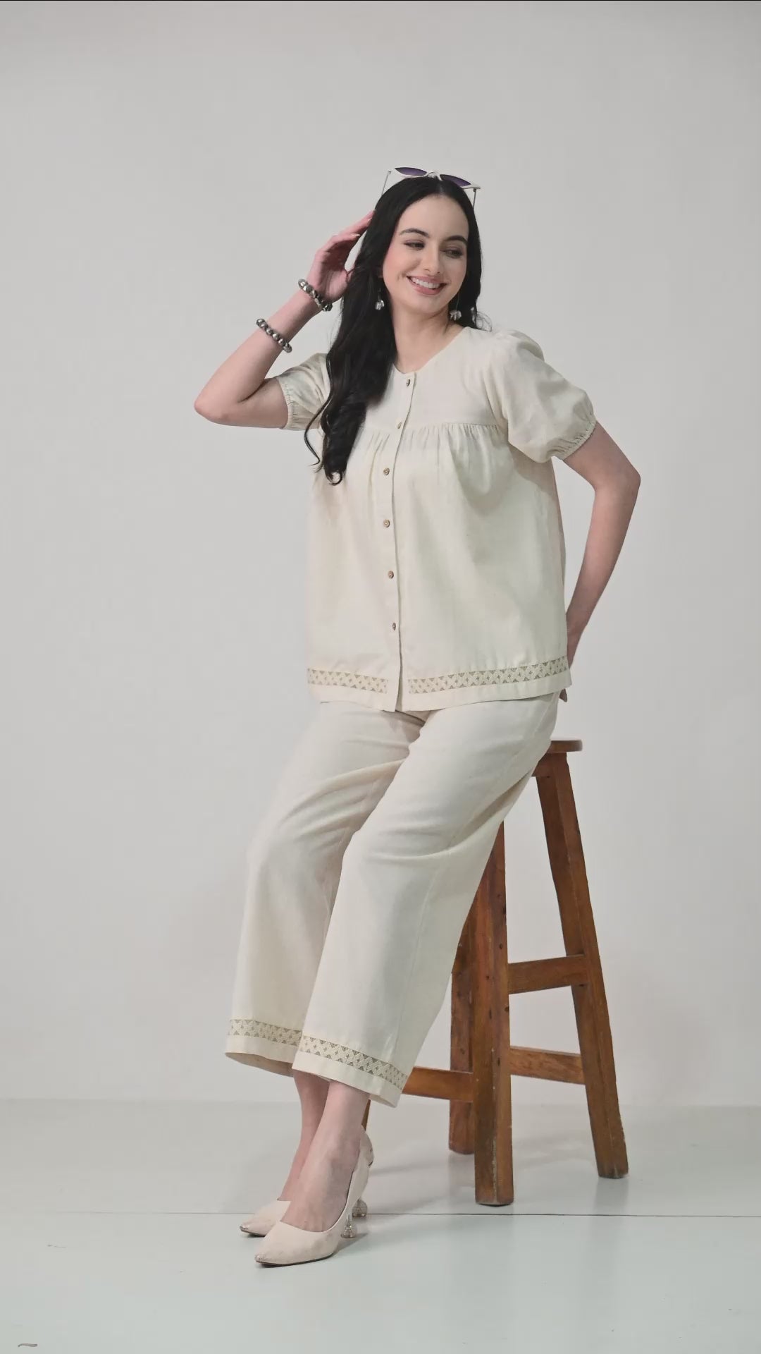 Women’s Cream Half Sleeve Top &amp; Palazzo Co-Ord Set