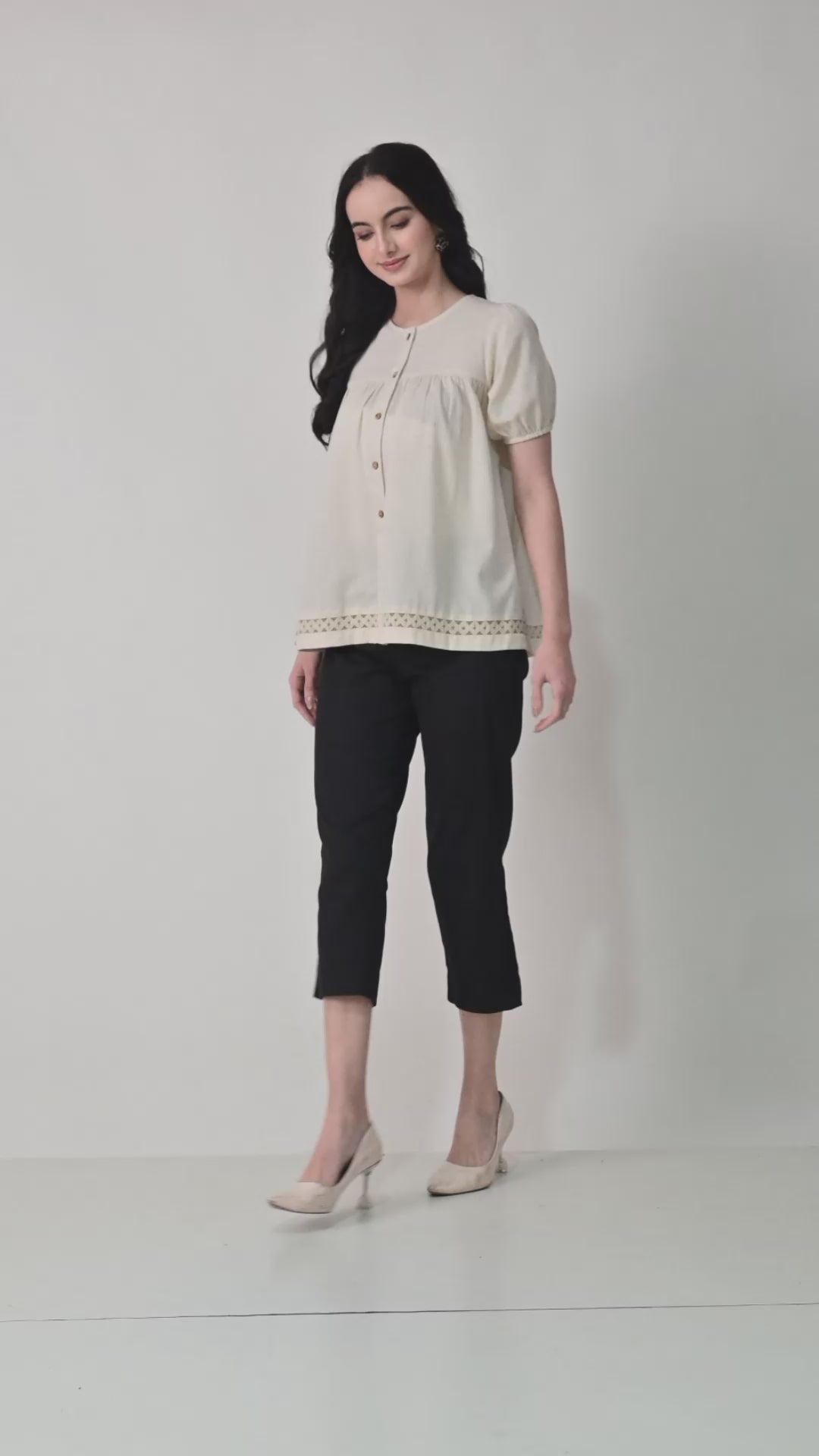 Cream Solid Half Sleeve Shirt Style Top for Women