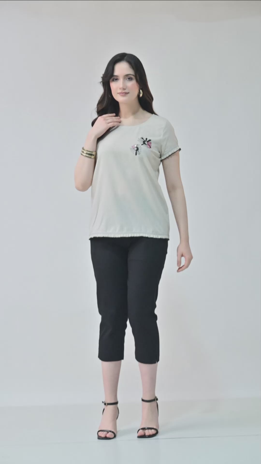 Cream Embroidered Half Sleeve Top for Women